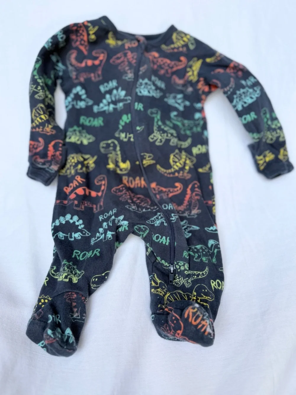 NEWBORN wonder nation Black Dino Footed One-Piece with Multicolor Dino Prints